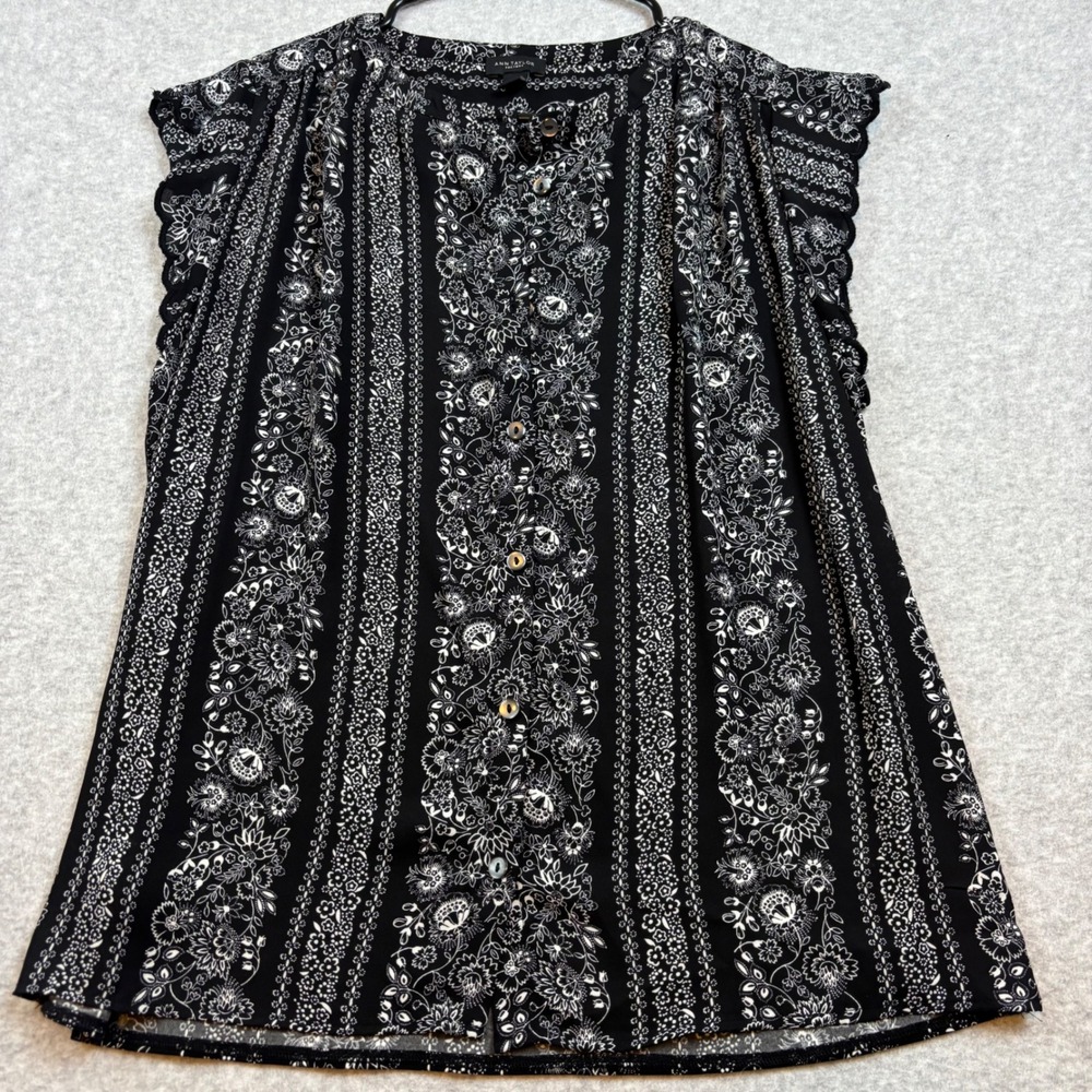 Ann Taylor Factory Blouse Womens M Black White Floral Stripe Scallop Trim Top